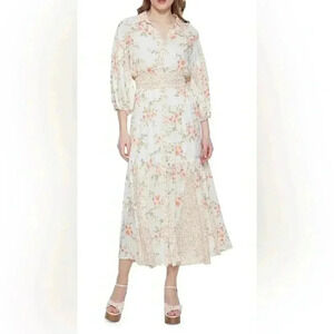 NWT Dex orange cream smock waist floral mid sleeve dress XS